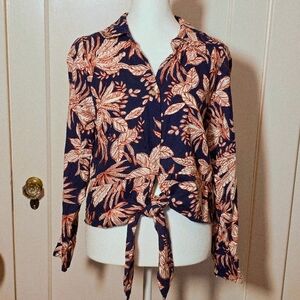 Nicole Miller Floral Tie-Front Blouse - Navy and Beige Size L